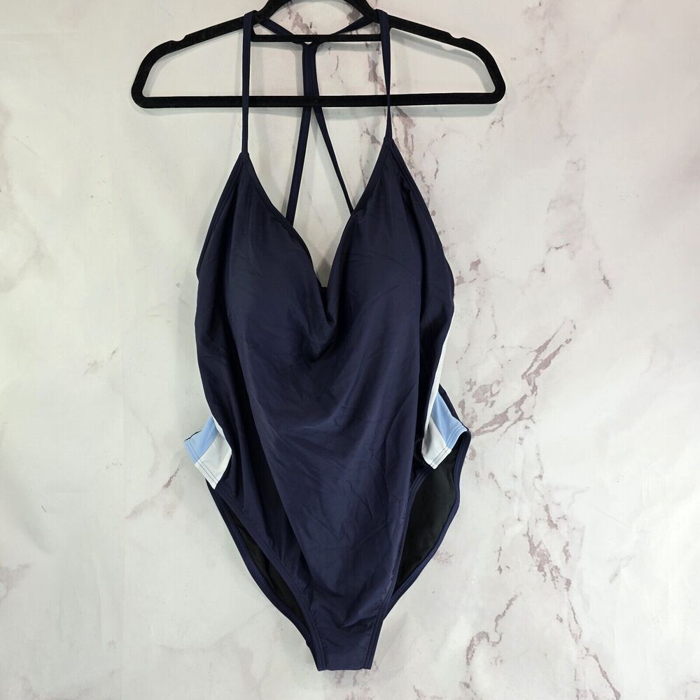 J Crew One Piece Blue Open Back T Swim Suit Padded V Plunge Bikini BF083